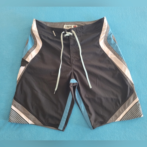 Fox Racing Board Shorts Mens Size 34 Black teal Unlined Swim Trunks Surf Beach - Picture 1 of 14